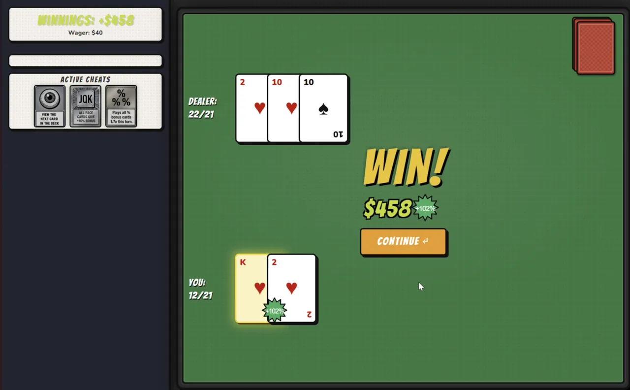 Blackjack: CHEAT THE HOUSE! — combate en juego